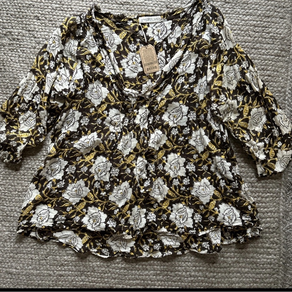 Natural Life Tunic Shirt Womens L XL Floral Boho 3/4 Sleeve Cotton Top NWT
